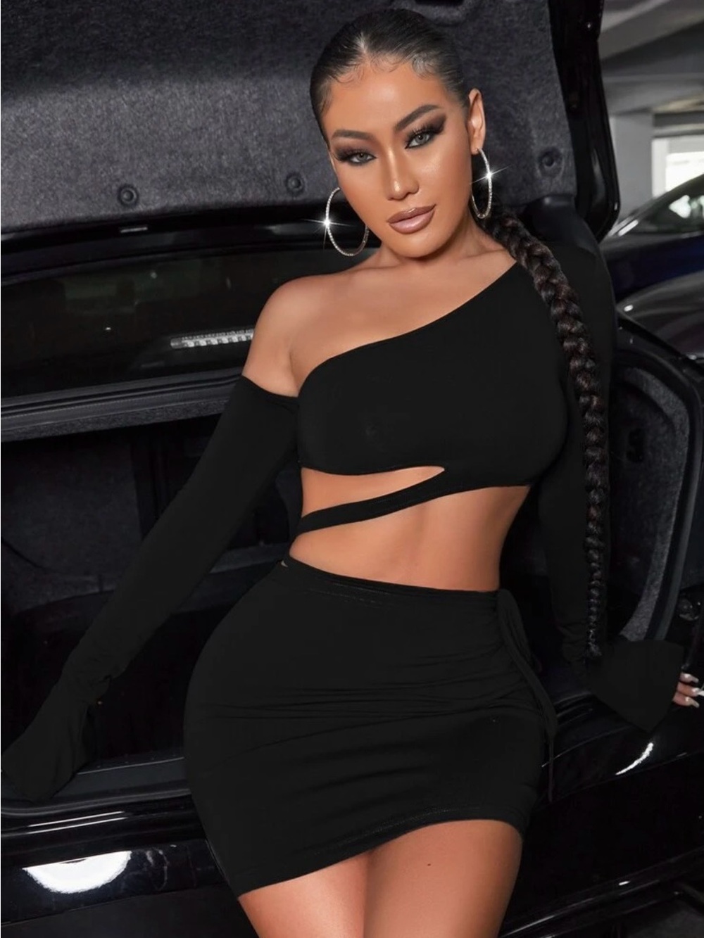 Asymmetrical One-Shoulder Flounce Sleeve Crop Top & Bodycon Skirt